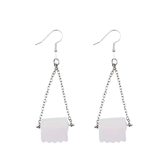 Silver and White Toilet Paper Roll Chain Dangle Earrings - Picture 1 of 7